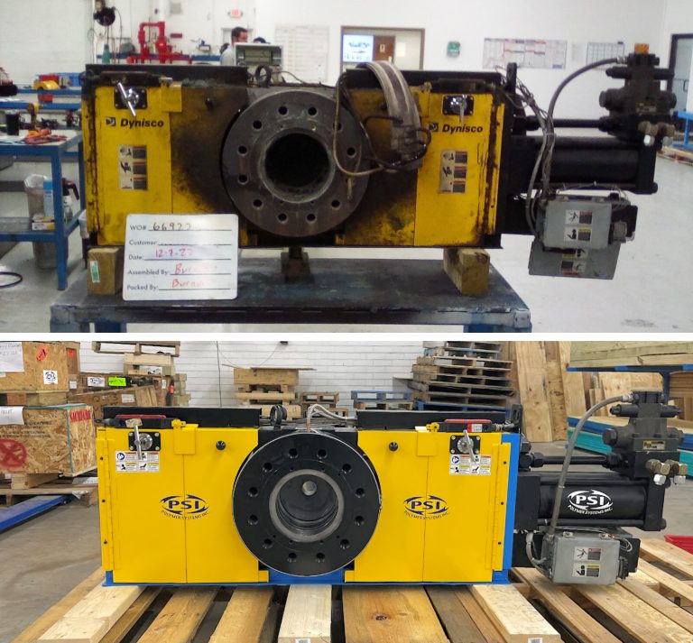 This image shoes before and after for a Dynisco/Nordson HSC-80 screen changer rebuilt by PSI-Polymer Systems